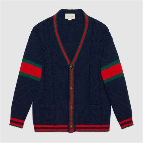 navy blue cardigan with gucci inspired stripes|gucci wool cardigan.